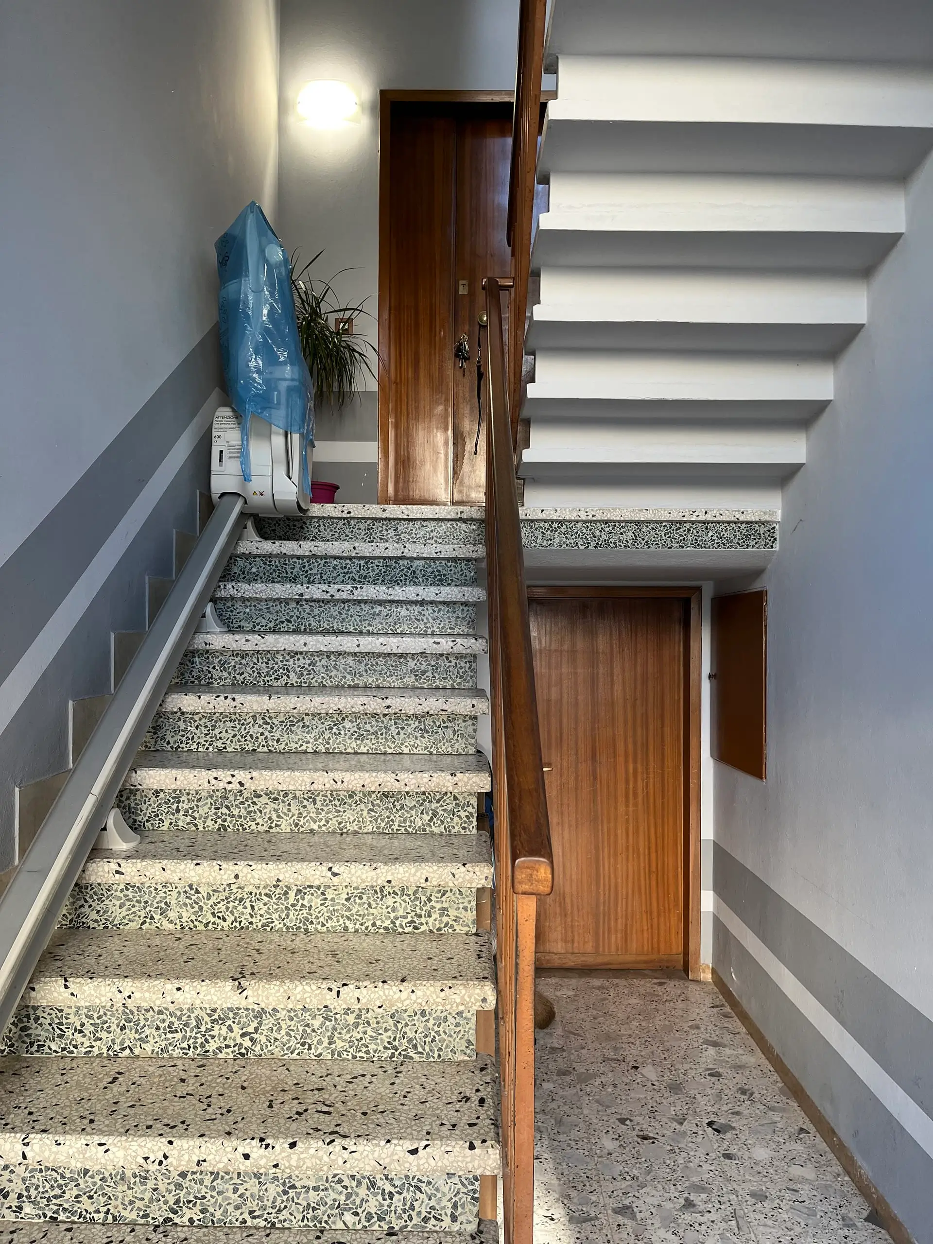 Scale interne pre ristrutturazione Casa C.S.: gradini in marmo graniglia con pedata grigia, corrimano in legno, porta ingresso e pianta decorativa.