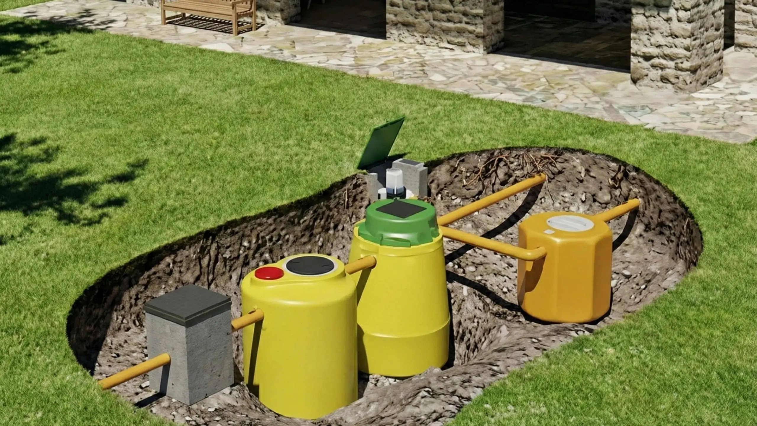 Impianto depuratore acque reflue interrato completo post-posa: vasche gialla verde arancione con tubi pluviali arancioni, coperchi aperti su prato casa in pietra vicino panca legno.